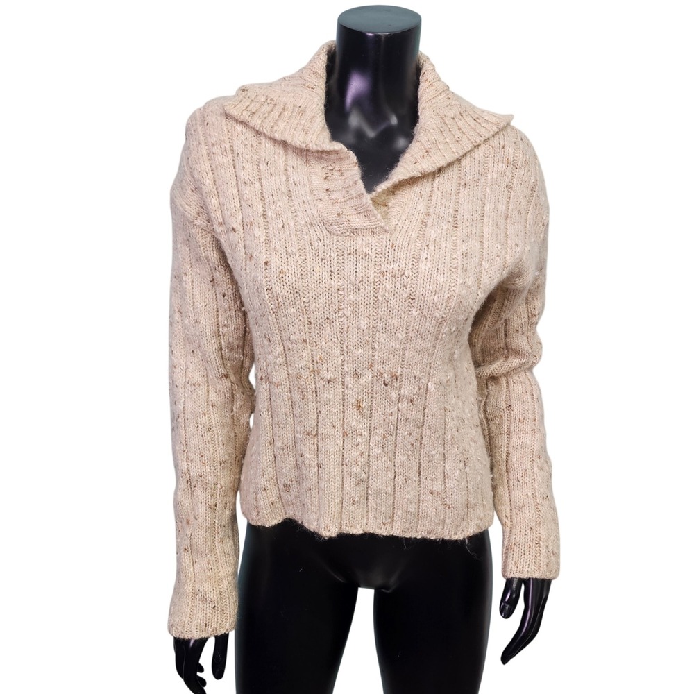 GAP Womens S Y2k Oatmeal Beige Ribbed Knit Collared VNeck Wool Blend Sweater